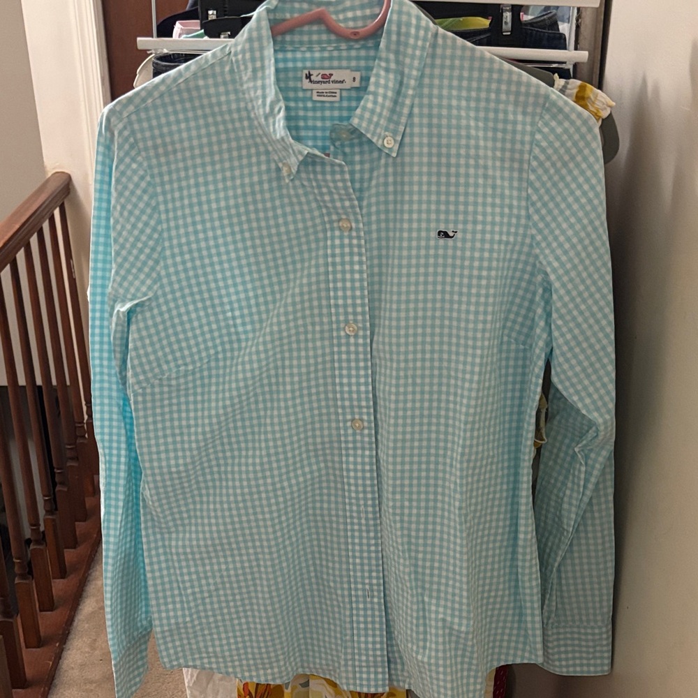 Vineyard Vines Seafoam and White Gingham Button-Down Shirt